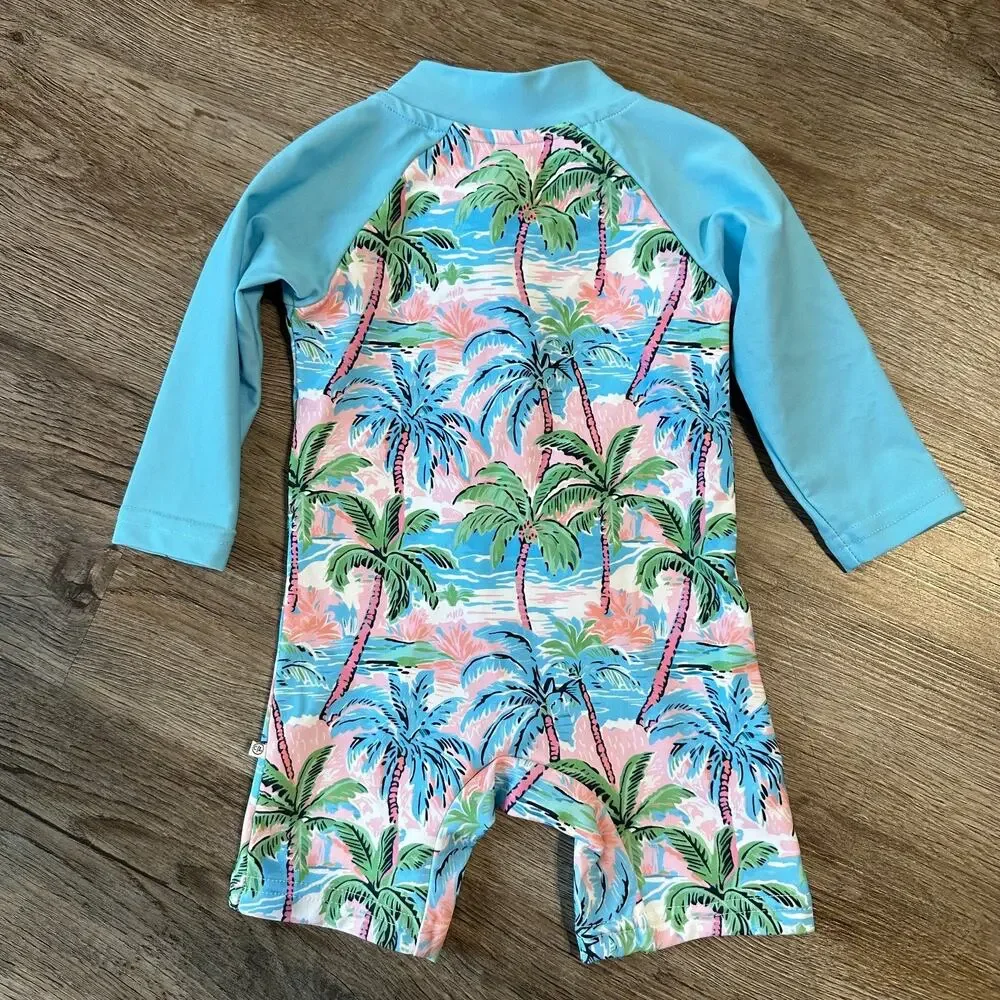 Caden Lane Rash Guard Romper Swimsuit 0-3 Months Palm Blue Pink Long Sleeve